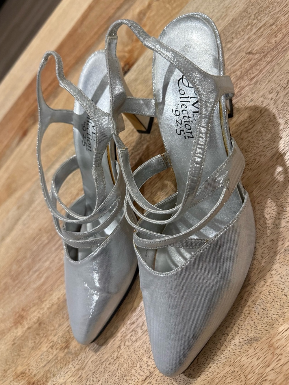 Silver Strappy Pointed-Toe Slingback Heels